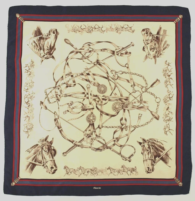 Foulard Vintage En Soie Fiorio - Bandana Carré Imprimé Cheval Fait Main Italie - Femme
