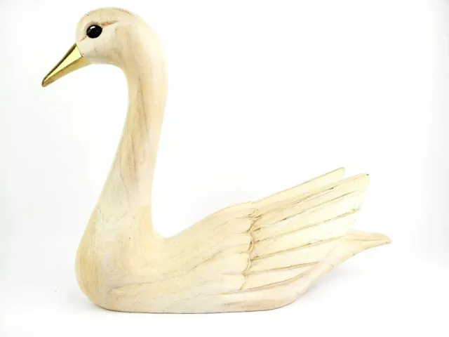 Artisan Hand Carved Wood Swan Bird Figure Carving Costa Rica Brass Beak 16”x14”