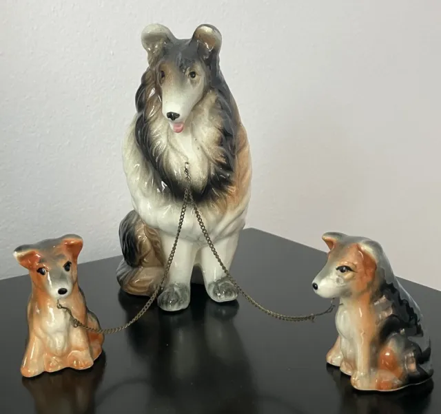 Vintage Collie Family Mom & Puppies On Chain Figurines Ceramic Japan MCM