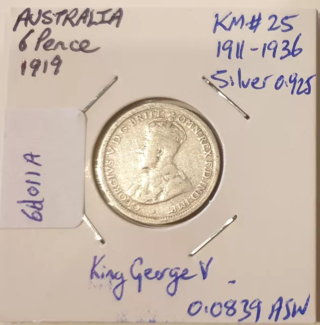 1919 Australia 6 pence KM#25 silver. King George V, Coat of Arms (A6d011A)