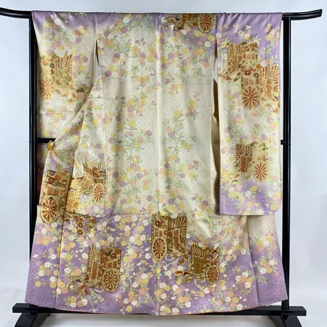 Japanese Kimono Furisode Pure Silk An Ox Drawn Coach Cherry Blossom Cream Colore