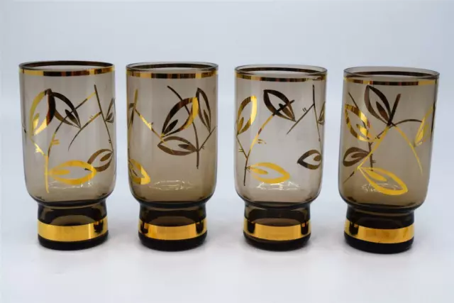 4 Vintage 9cm Tall Shot/Liqueur Glasses Smokey Glass - Gold Trim - Art Deco