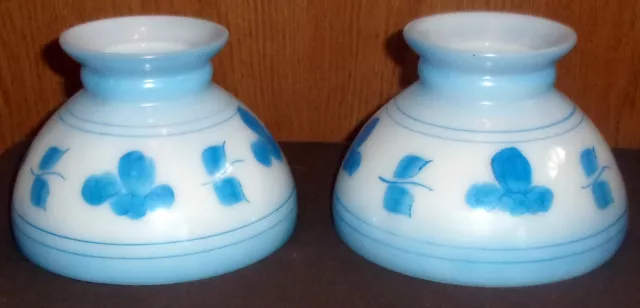 Pair Vintage GWTW 8” fitter blue flowers Hurricane Oil Kerosene Lamp Shade