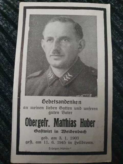 original german ww2 Death Card  MATTHIAS HUBER fell 11 June 1945 Heilbronn