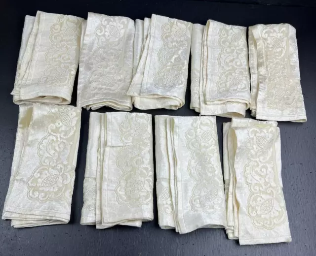 Vintage Lace Linen Napkins Square Floral Off White Ivory Romantic Fancy  9 Pc