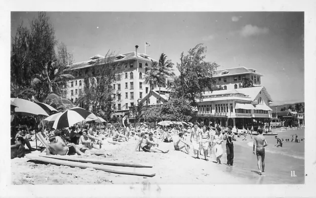 1940s Hawaii Moana Hotel Waikiki Sun Bathers Surf Boards Umbrellas Vintage Photo