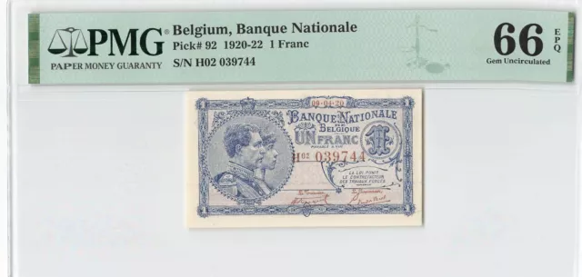 Belgium 1 Franc 1920 P-92 PMG 66 EPQ