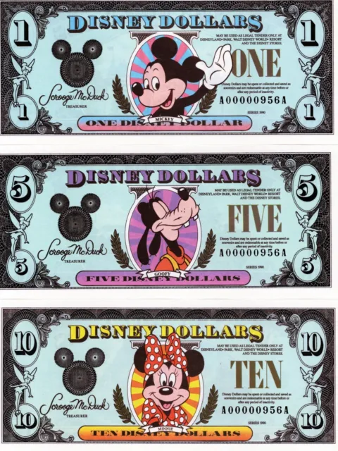 New Crisp Unc Disney Dollars $1, $5 & $10 Matching Serial #'s A00000956A (1990)