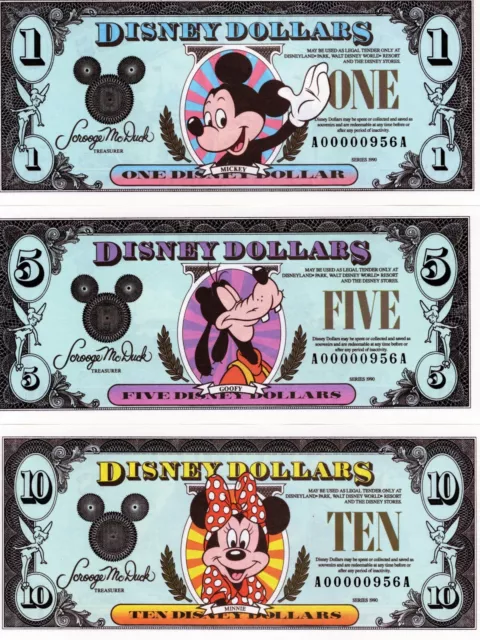New Crisp Unc Disney Dollars $1, $5 & $10 Matching Serial #'s A00000956A (1990) New Crisp Unc Disney Dollars $1, $5 & $10 Matching Serial #'s A00000956A (1990)