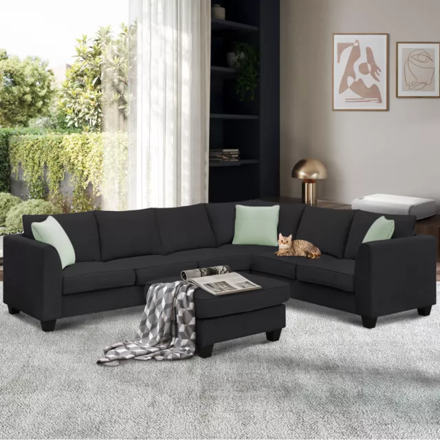 L Shape 7 Seats Sectional Sofa Corner Couch set with 3 Pillows and Ottoman