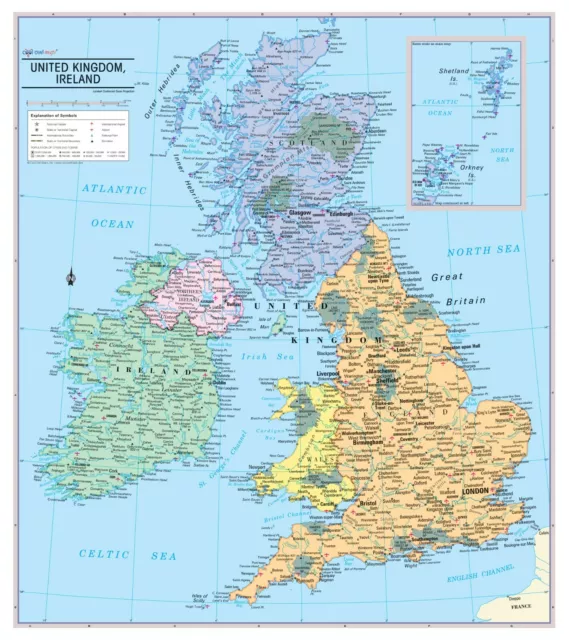 United Kingdom and Ireland Wall Map Poster - 24"Wx27"H