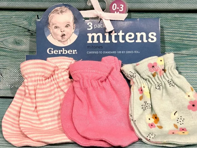 Gerber 3-Pack Mittens Newborn Baby Girl 0-3 Months Green Floral Pink Stripe NEW