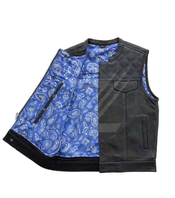 New Leather Motorcycle Vest Royal Blue Diamond Quilted Riding Club Bikers Vest