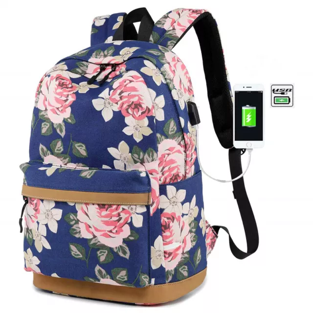 Canvas Women Backpack Floral USB charging School Bags Travel Laptop Bookbags