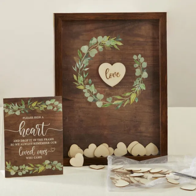 Letrero de firma de boda rústica con corazones de madera - libro de visitas alternativo MW37094