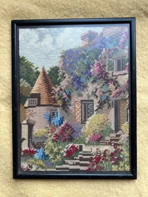 Vintage Tapestry Embroidered Picture Framed Needlepoint Country Thatched Cottage