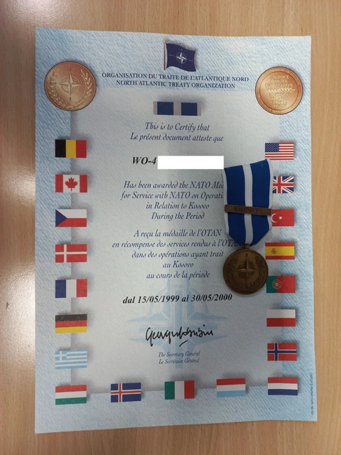 Diploma Con Medaglia Operazioni Militari Kosovo