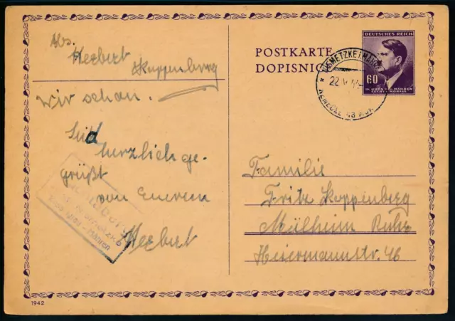 Böhmen und Mähren P12 Ganzsache Postkarte Niemetzko Druckjahr 1942 Mühlheim 1945