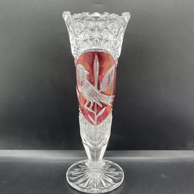 German Bleikristall Cranberry Ruby Red Lead Crystal Glass Vase Bird Design