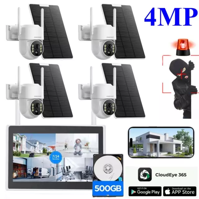 4MP Wireless Home Security Camera System 10CH Solar Wifi 10'' Monitor NVR+500GB