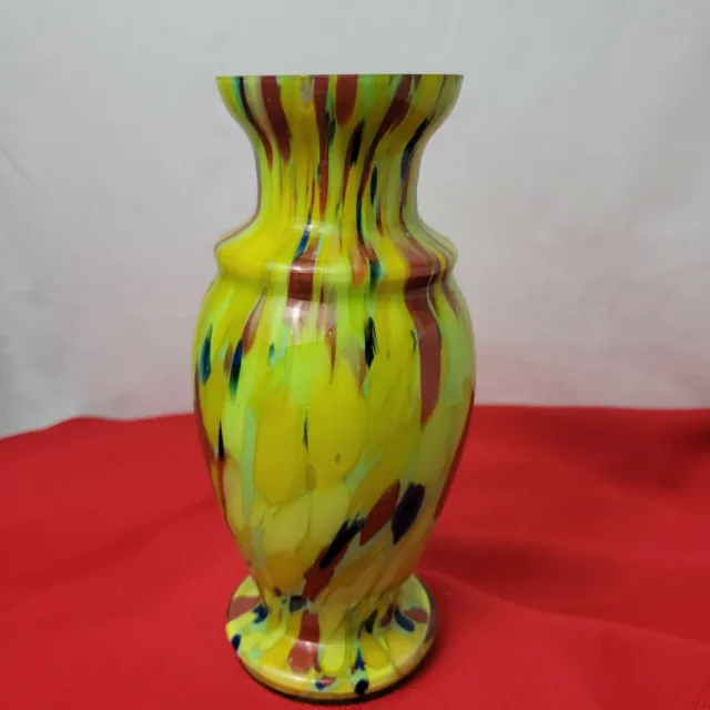 1930's Czech Kralik Glass Vase red, yellow, orange, blue, green hand blown