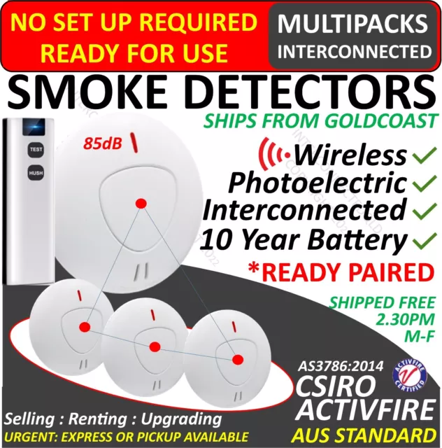 WIRELESS INTERCONNECTED PHOTOELECTRIC Smoke Alarm Detector Qld AS3786 & REMOTE
