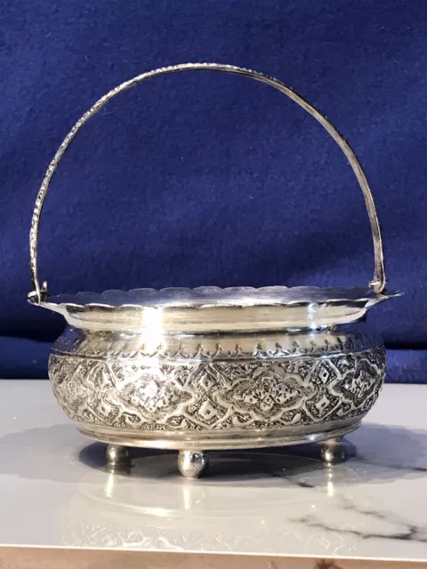 Antique Hand Made Hand Engraved Bowl With Handle ,84 SOLID Silver 195 grams