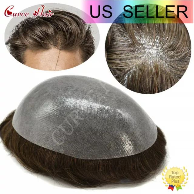 US Mens Toupee Hairpieces Full Poly Thin Skin Human Hair Men Replacement System