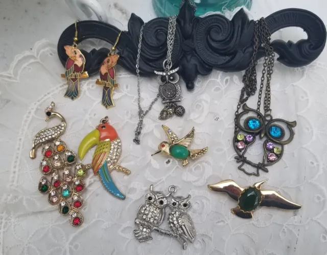 8 Lot Vintage Brooch Birds Owl Peacock Jewelry Necklaces Rhinestone Bird Earring
