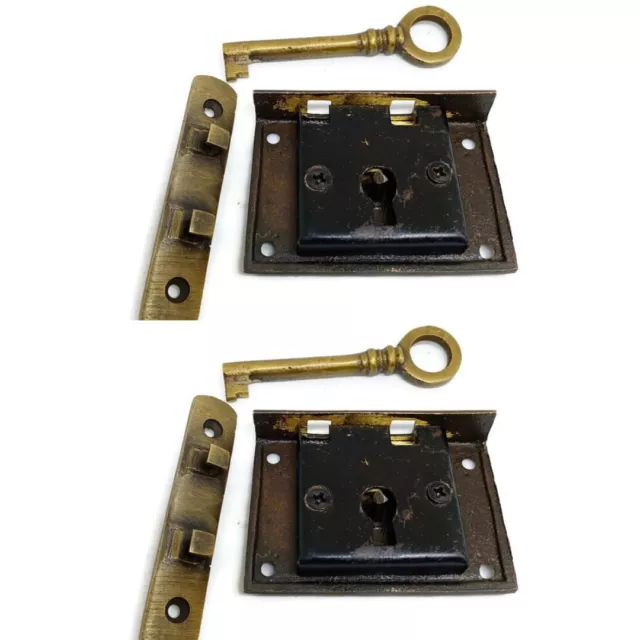 2 small 2.1/2" box lock brass key heavy works door old style 6.2 cm recessed B