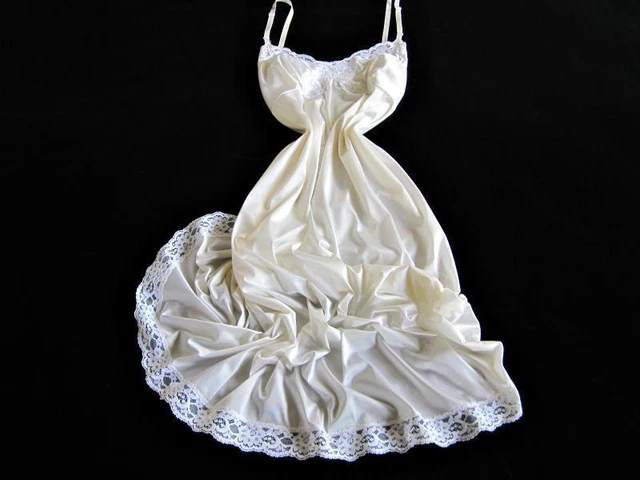 Vintage Full Slip 34 +/- Nylon bianco seta collo trasparente in pizzo + lingerie orlo