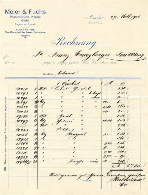 Alte Rechnung,"Meier & Fuchs, München" 27.07.1906