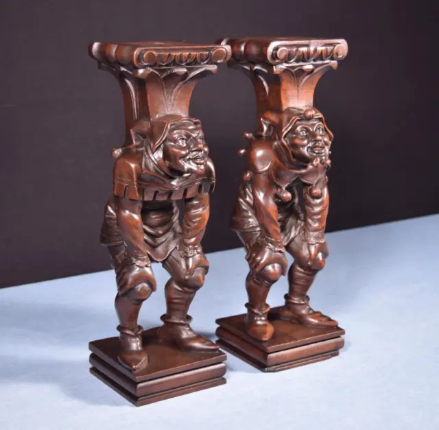 15" Pair of French Antique Solid Walnut Wood Figures/Support Posts Pillars