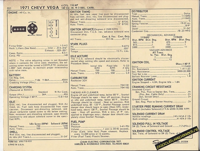 1971 CHEVROLET VEGA 4 Cylinder 110 hp / 140 ci Car SUN ELECTRIC SPEC SHEET