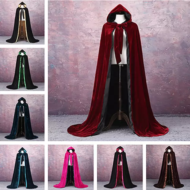 Wine red black velvet hooded cloak wedding cape Halloween wicca robe coat S-2XL