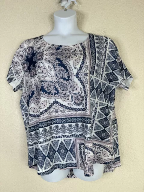 Style & Co. Womens Plus Size 3X Blue/Pink Boho Paisley Knit Top Short Sleeve