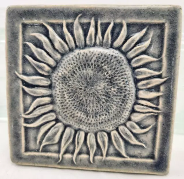 Art Nouveau Tile Pottery by Cassa Bon Sunflower Grey 4" x 4" Handmade w/ Hanger
