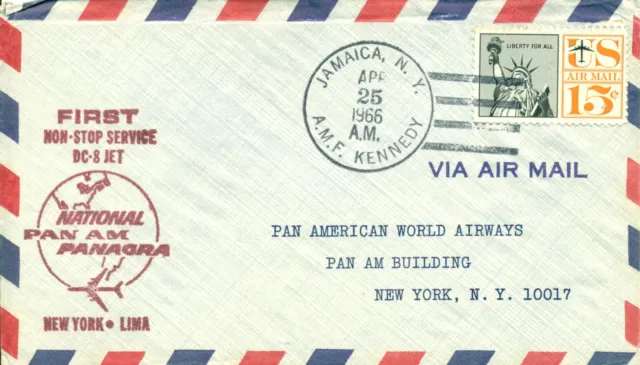 United States 1966 FFC First Flight Cover Pan Am AMF Jamaica to Peru