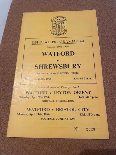 Watford v Shrewsbury Town Football League Division 3 Programme 8/4/66