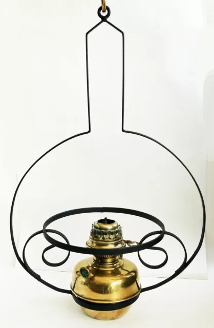 Antique JUNO Hanging Polished Brass Oil Lamp with Wrought Iron Hanging Frame