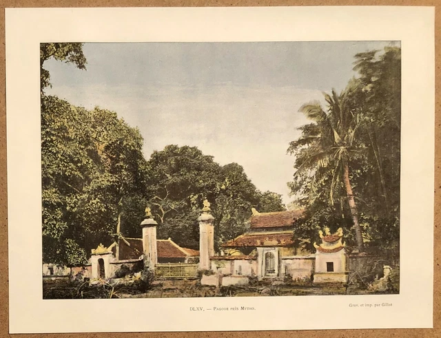 COCHINCHINE Pagode près de Mytho - Photochromie fin 19ème  gravure  Vietnam