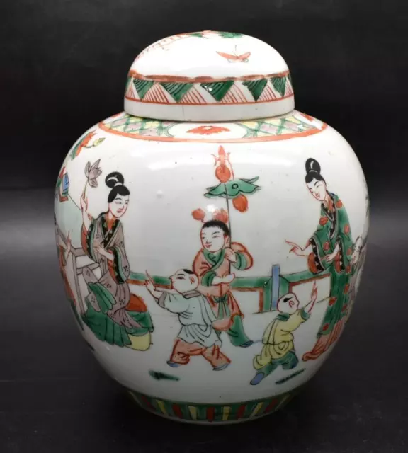 LARGE CHINESE ANTIQUE 19thC FAMILLE VERTE GINGER JAR & COVER - KANGXI MARK