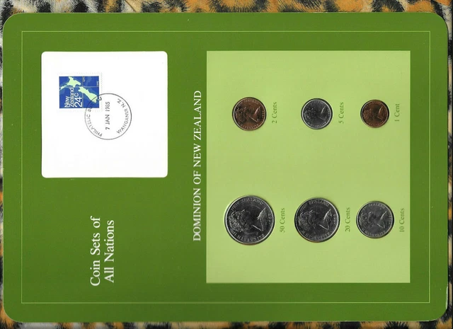 Coin Sets of All Nations New Zealand w/Card 50,10,5,2,1 Cents 1982 20 cents 1979