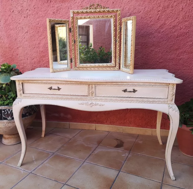 5 Piece hand painted, antique dressing table set with mirror and curved stool.