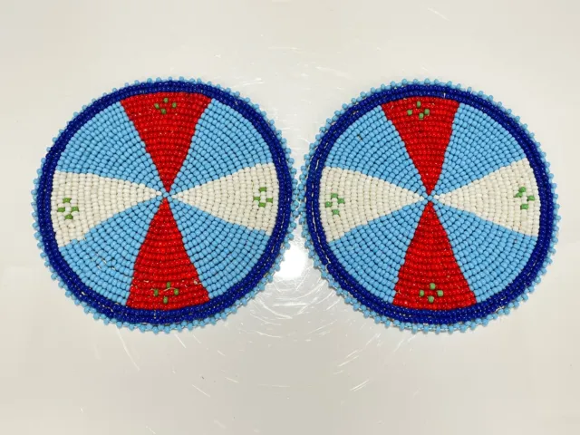 4 inch Beaded Rosettes Red Blue Wheel dDesign Leather Back Set of 2