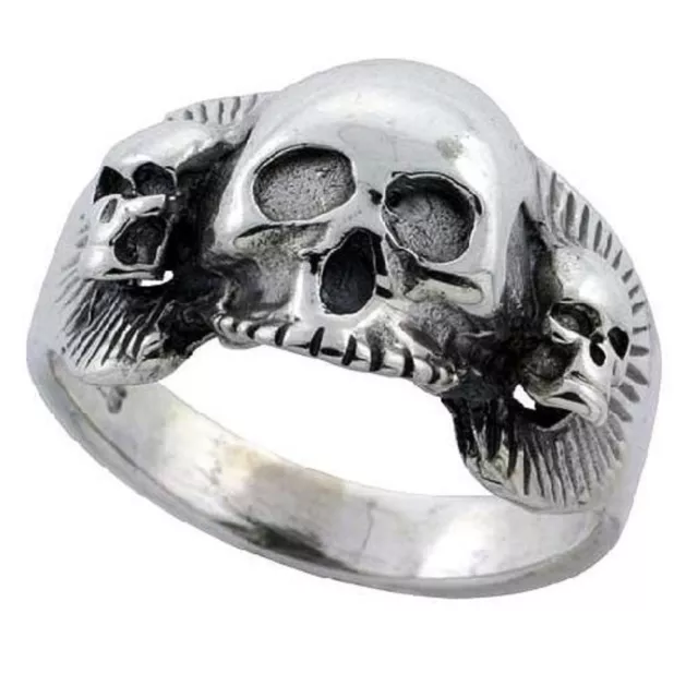 Sterling Silver Triple Skull Biker Ring