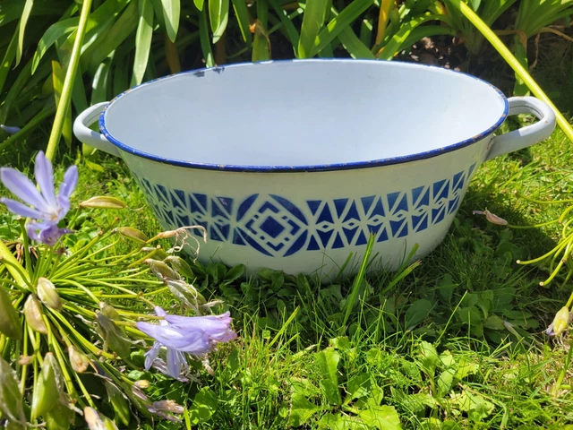 Ancienne Bassine Émaillée Vintage - Bleue Et Blanche - Ovale - 36x29x14 Cm - Gaz Compatible