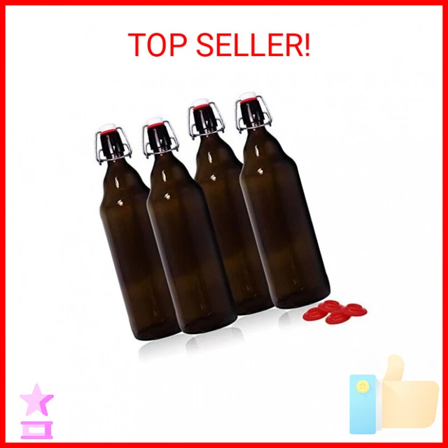 YEBODA 32 oz Amber Glass Beer Bottles for Home Brewing with Flip Caps, Case of 4
