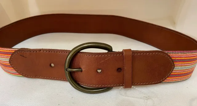 New Polo Ralph Lauren Canvas Leather Striped Belt Brass D-ring Buckle L 33