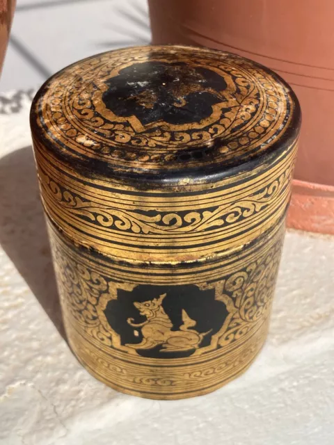 Antique Burma Myanmar Burmese Lion Lacquer papier-mache Tea Caddy Box Case Jar